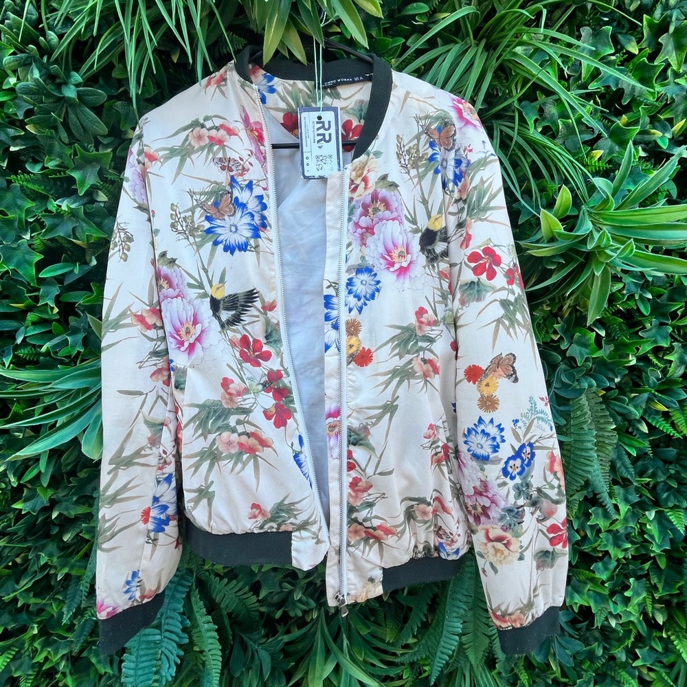 SOLD Bagatelle Silky Polyester Floral Print Lightweight Zip Bomber Jacket